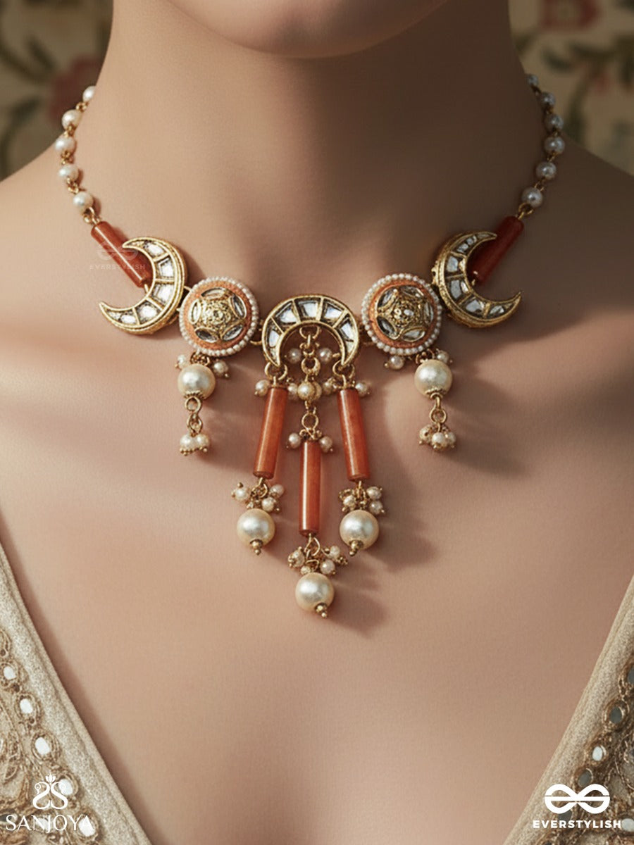 Tarachandri - Starry Moon - Decorative Necklace With Crescent Elements And Gem Danglers