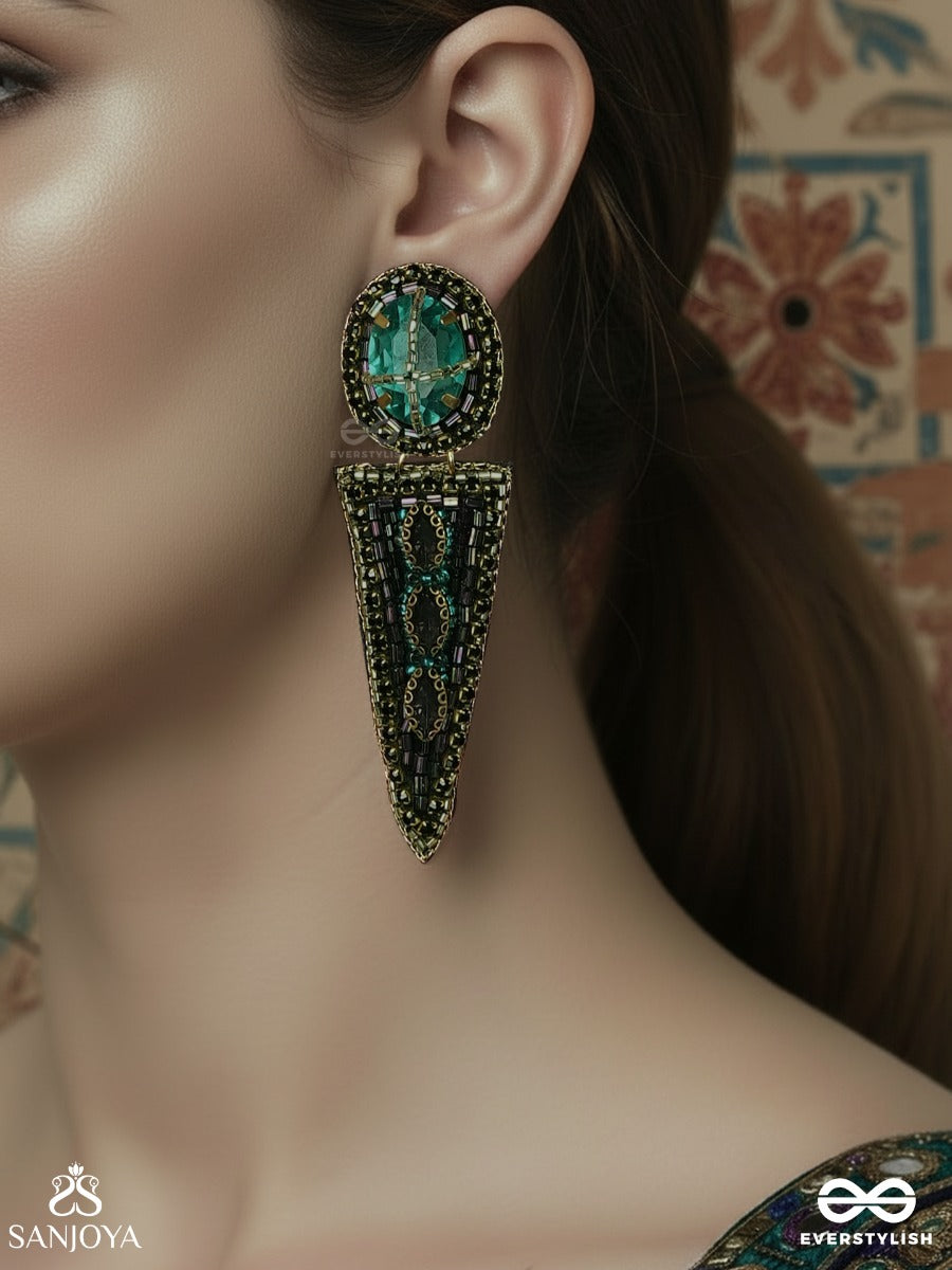 Manitara - Star Of Jewels - Statement Earrings With Turquoise Top Panel And Elongated Enamelled Drop Accent
