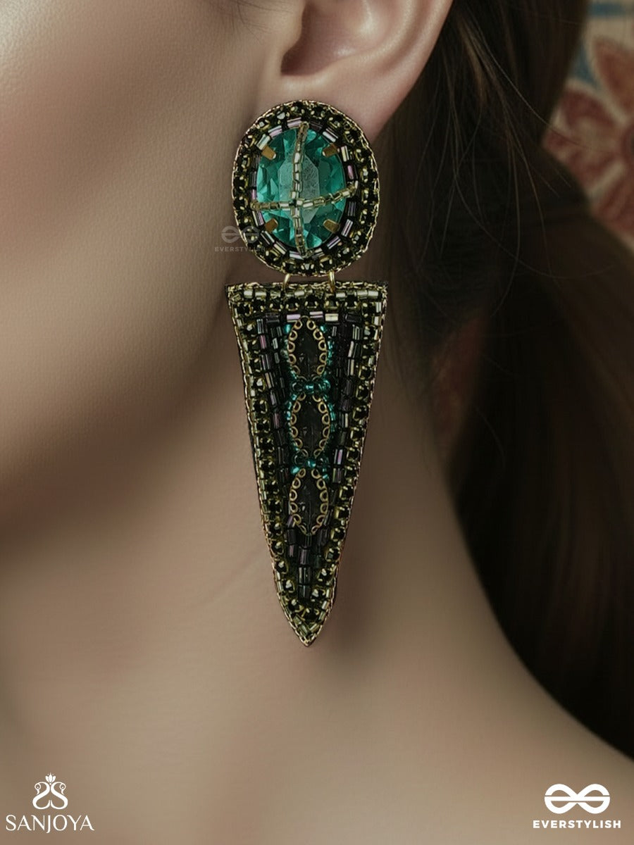 Manitara - Star Of Jewels - Statement Earrings With Turquoise Top Panel And Elongated Enamelled Drop Accent