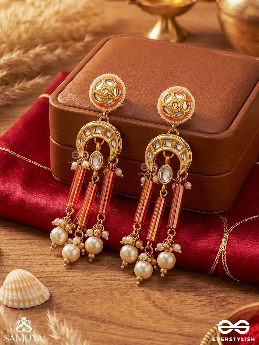 Tarachandri - Starry Moon - Ornate Earrings With Enamelled Medallion Top And Dangling Gem And Pearl Clusters