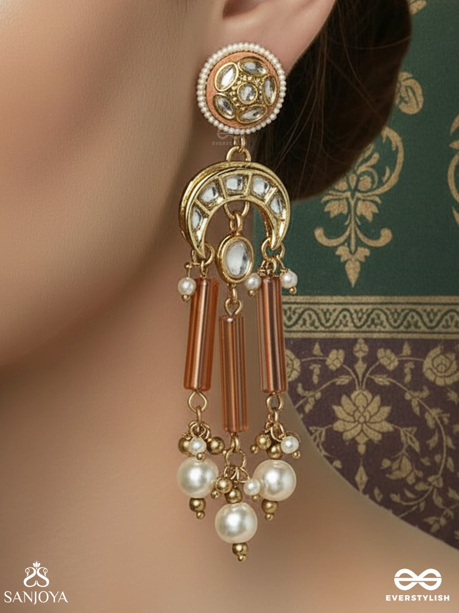 Tarachandri - Starry Moon - Ornate Earrings With Enamelled Medallion Top And Dangling Gem And Pearl Clusters