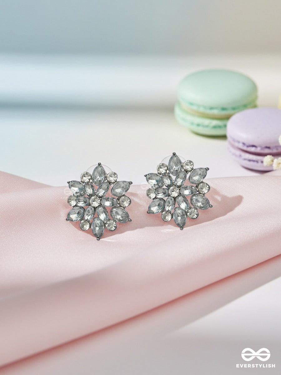 Stellar Bloom - Silver Toned Crystal Cluster Stud Earrings