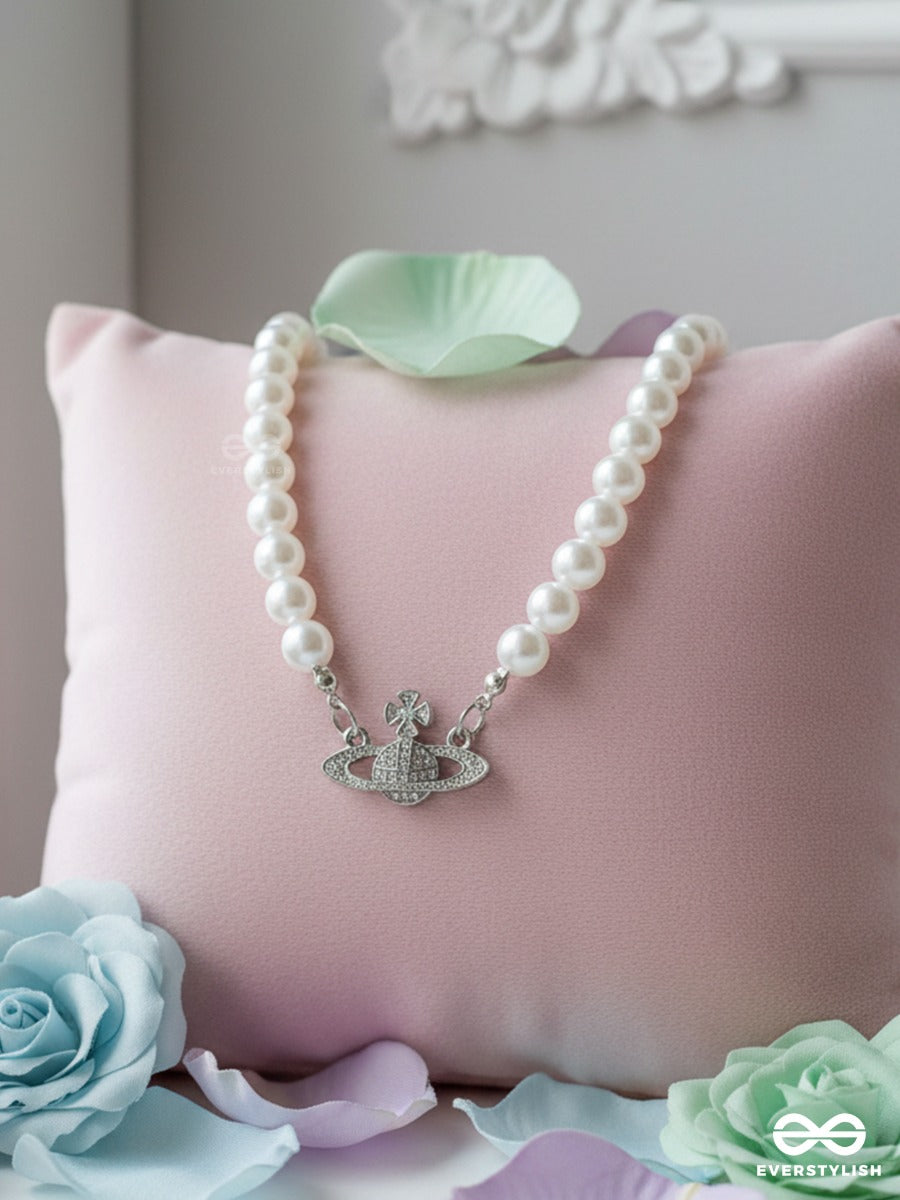Saturn Spark - Silver Toned CZ Planet Pearl Necklace