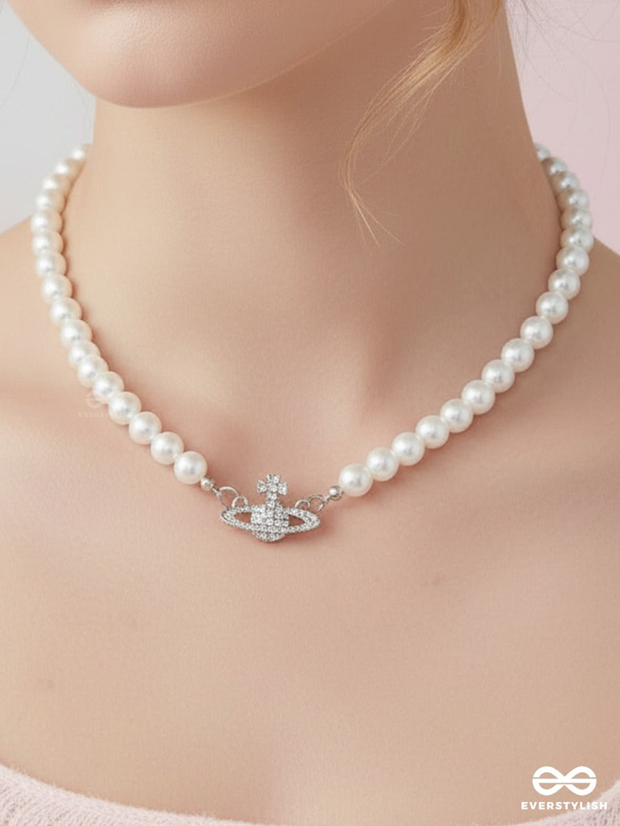 Saturn Spark - Silver Toned CZ Planet Pearl Necklace