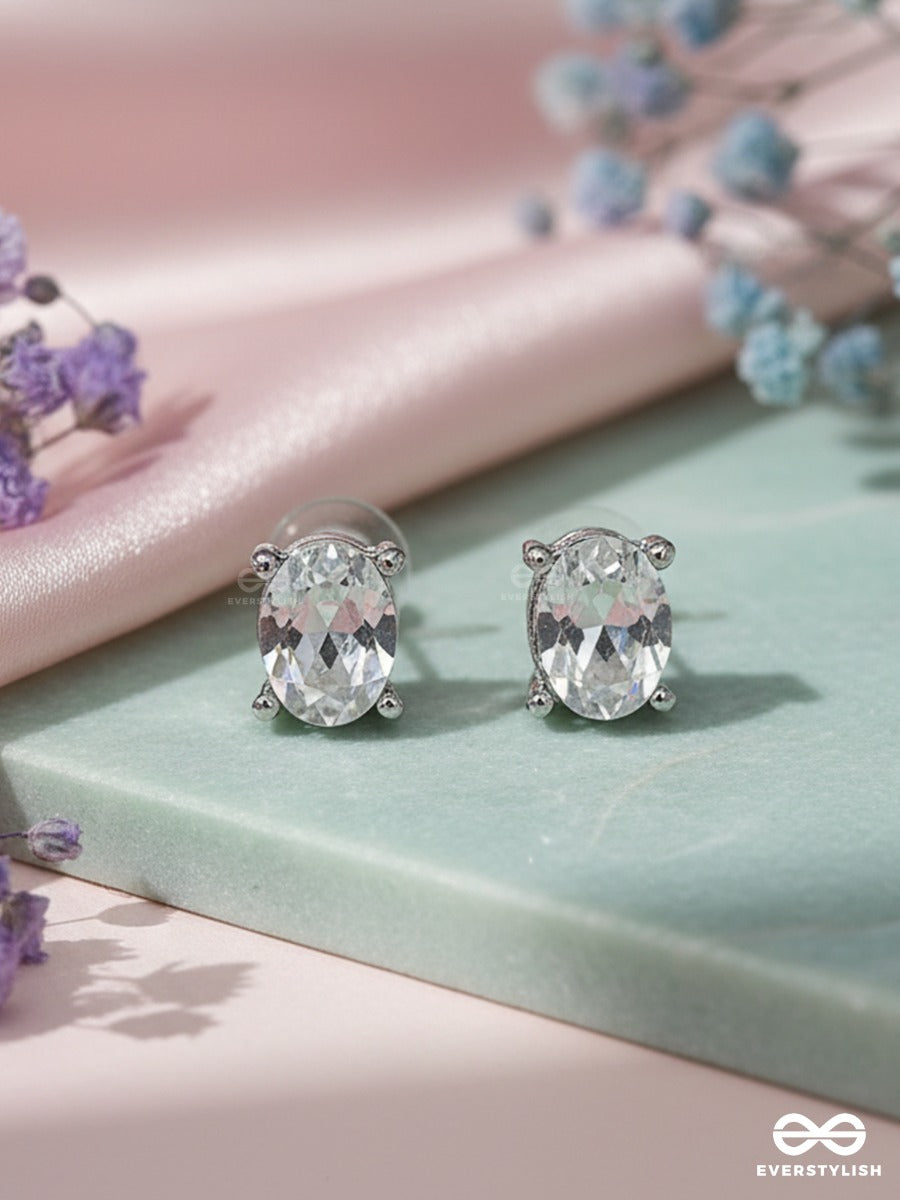 Smoke Spark - Silver Toned Faceted Stone Stud Earrings