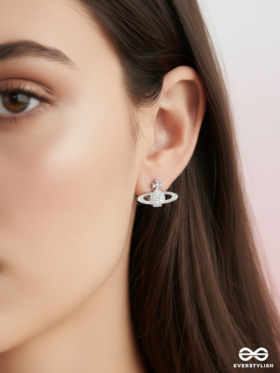 Saturn Spark - Silver Toned CZ Planet Stud Earrings