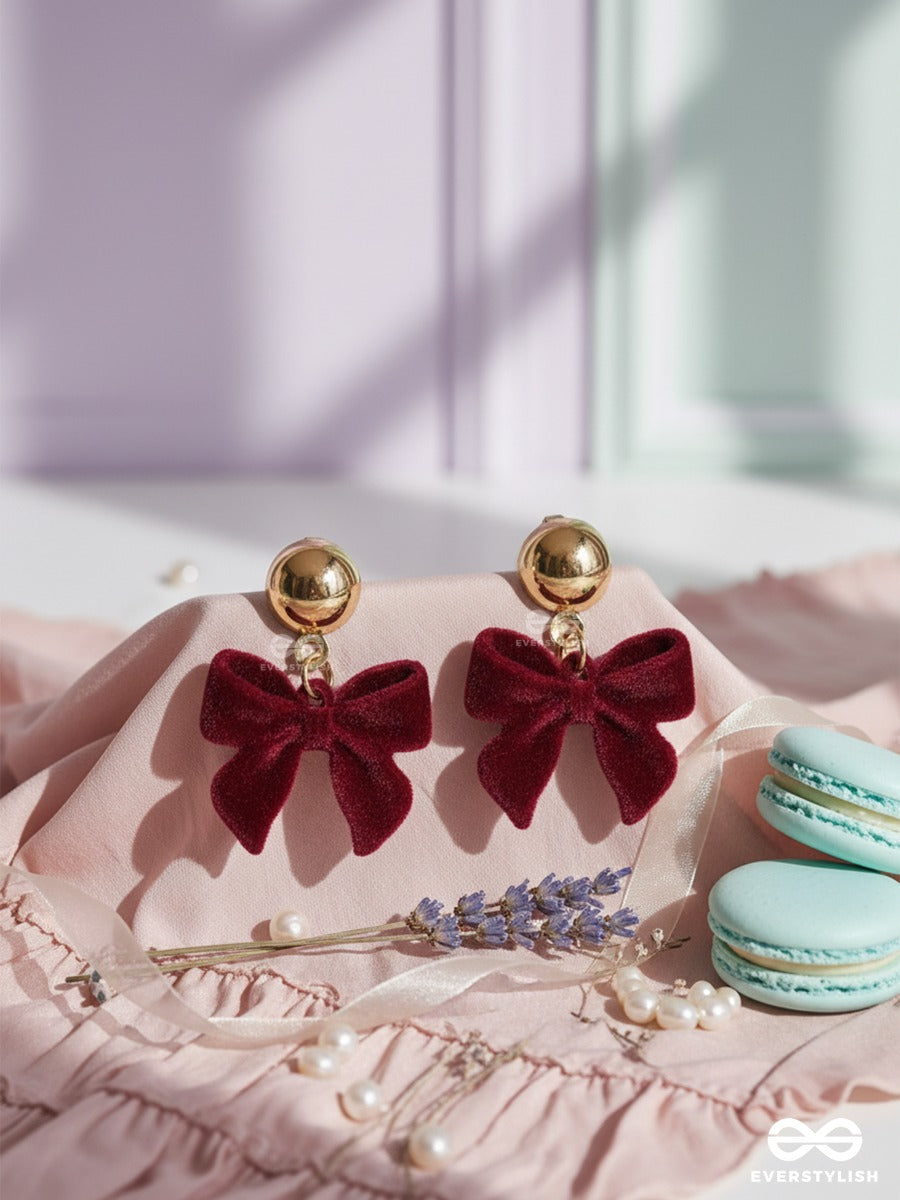 Wine Bow - Velvet Bow Drop Earrings