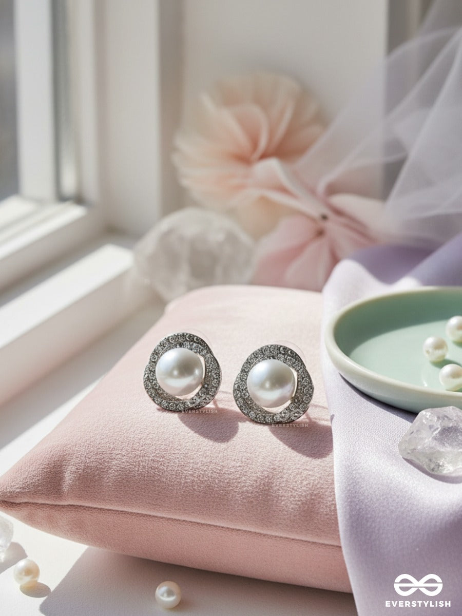 Milkstone Charm - Pearl Stud Earrings With CZ Accents
