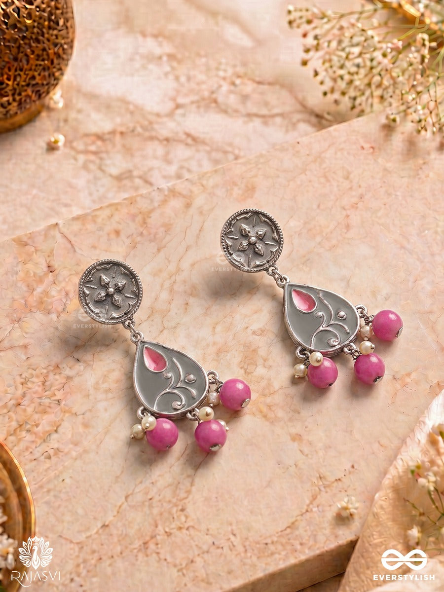 Amethyst Parade - Enamelled Oxidised Jodhpuri Jhumkas With Bead Drops