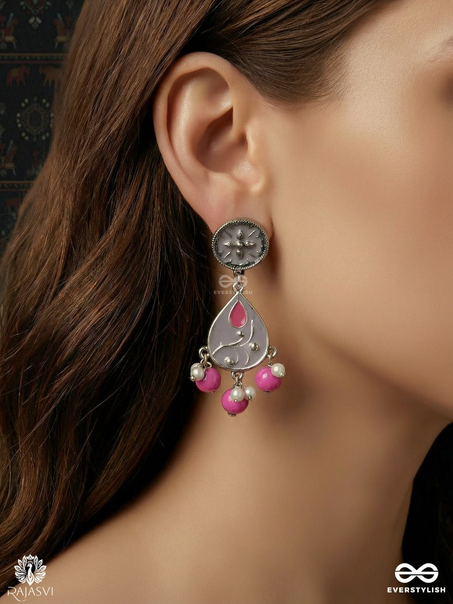 Amethyst Parade - Enamelled Oxidised Jodhpuri Jhumkas With Bead Drops