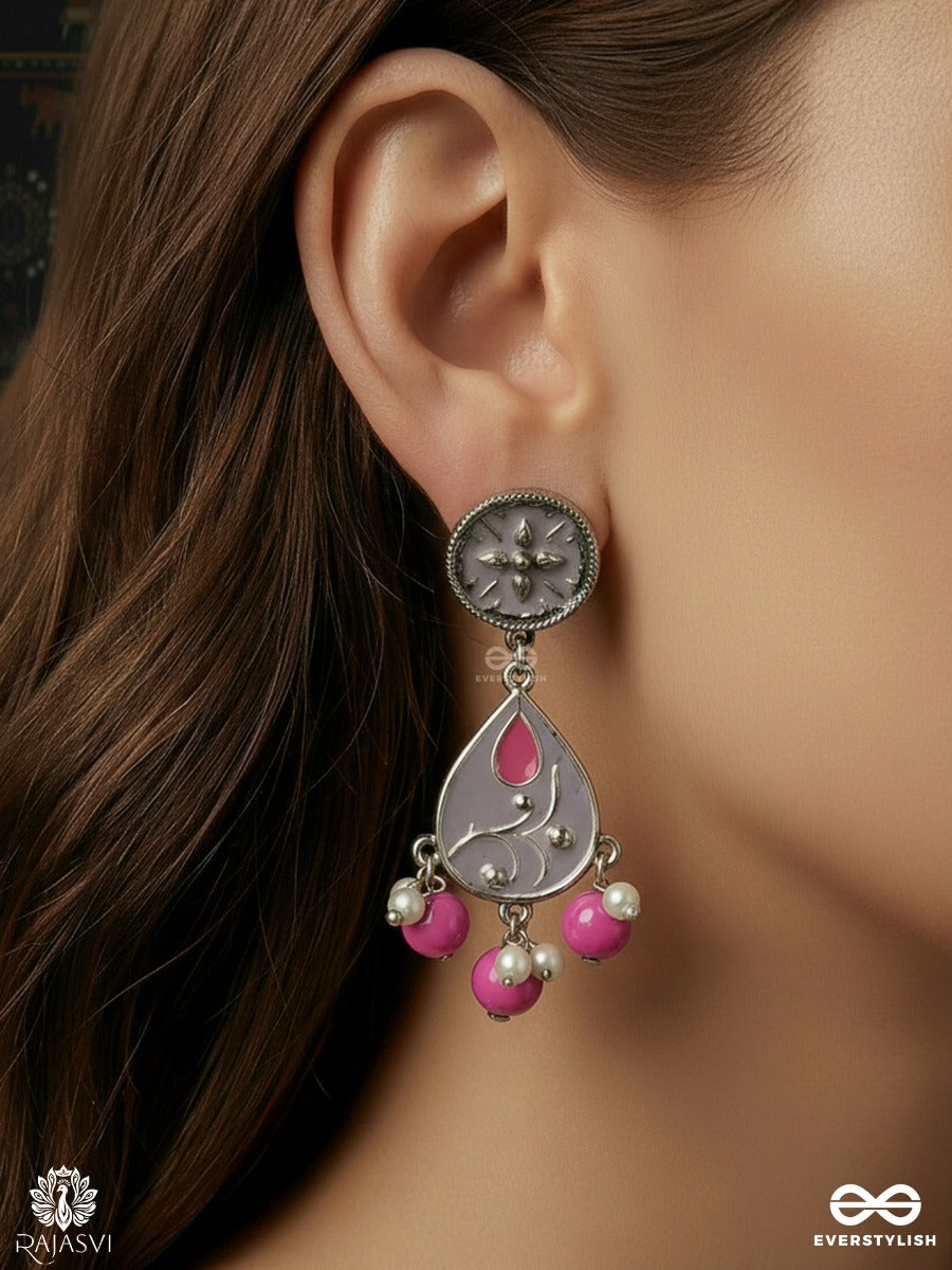 Amethyst Parade - Enamelled Oxidised Jodhpuri Jhumkas With Bead Drops