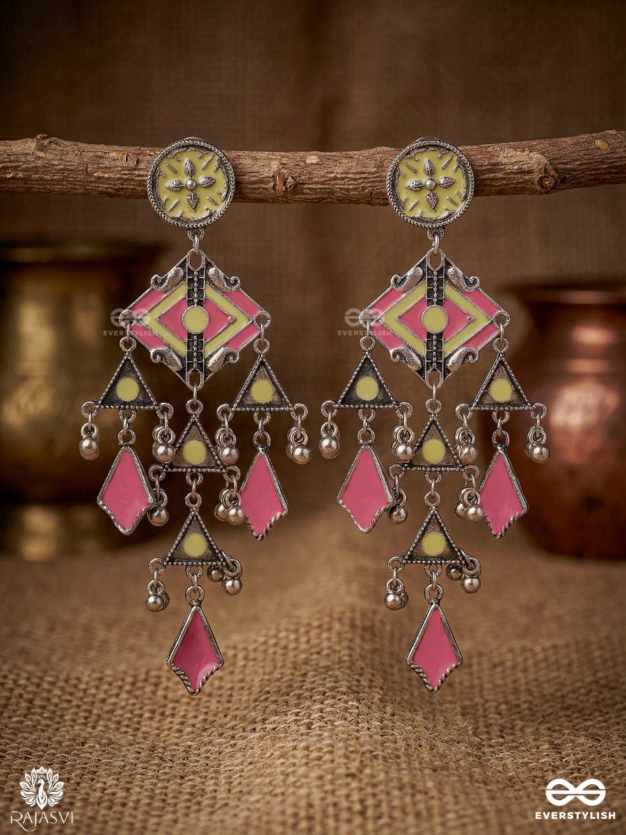 Kalikrit - Oxidised Earrings With Enamel Motifs And Ghungroo Charms