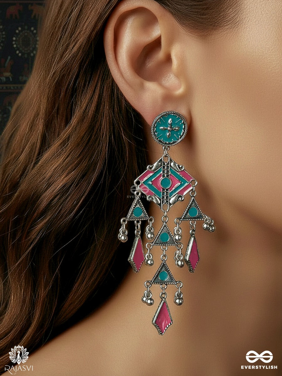 Saanj Caravan - Oxidised Earrings With Tribal Links And Drop Fringe