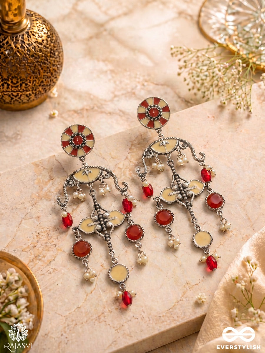 Surkh Jhankar - Oxidised Earrings With Floral Stud And Dangling Charm Drops
