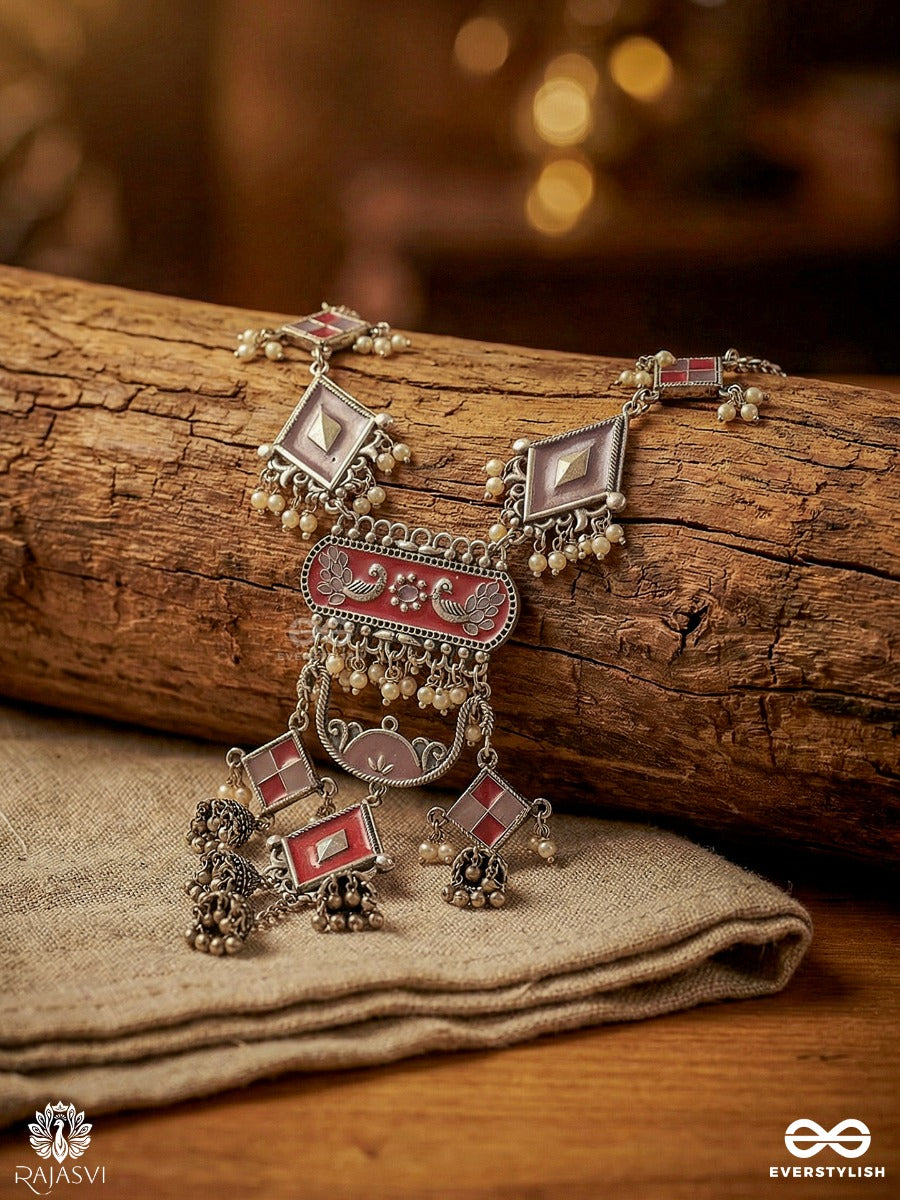 Kanchani - Oxidised Statement Necklace With Color Stones And Ornate Drop Fringe