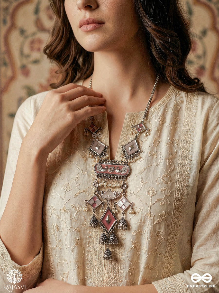 Kanchani - Oxidised Statement Necklace With Color Stones And Ornate Drop Fringe