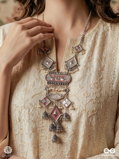 Kanchani - Oxidised Statement Necklace With Color Stones And Ornate Drop Fringe