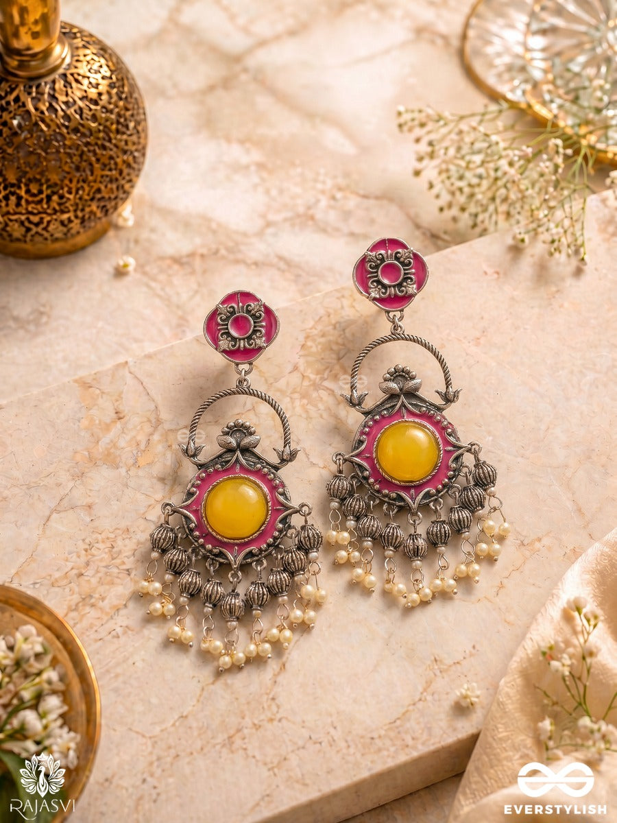 Kasturi Danglers - Oxidised Jodhpuri Jhumkas With Ornate Panel And Charm Chains