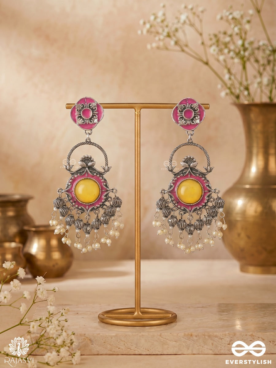 Kasturi Danglers - Oxidised Jodhpuri Jhumkas With Ornate Panel And Charm Chains