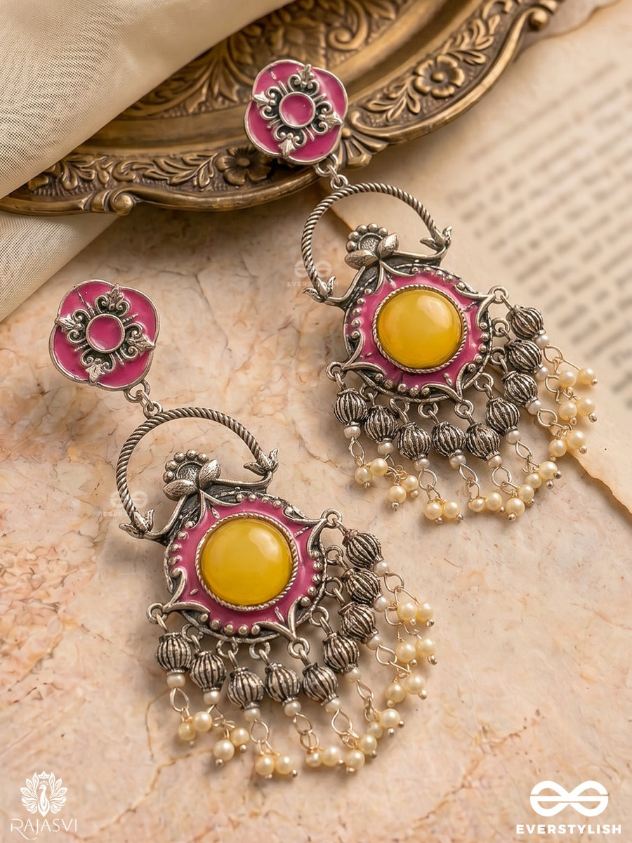 Kasturi Danglers - Oxidised Jodhpuri Jhumkas With Ornate Panel And Charm Chains