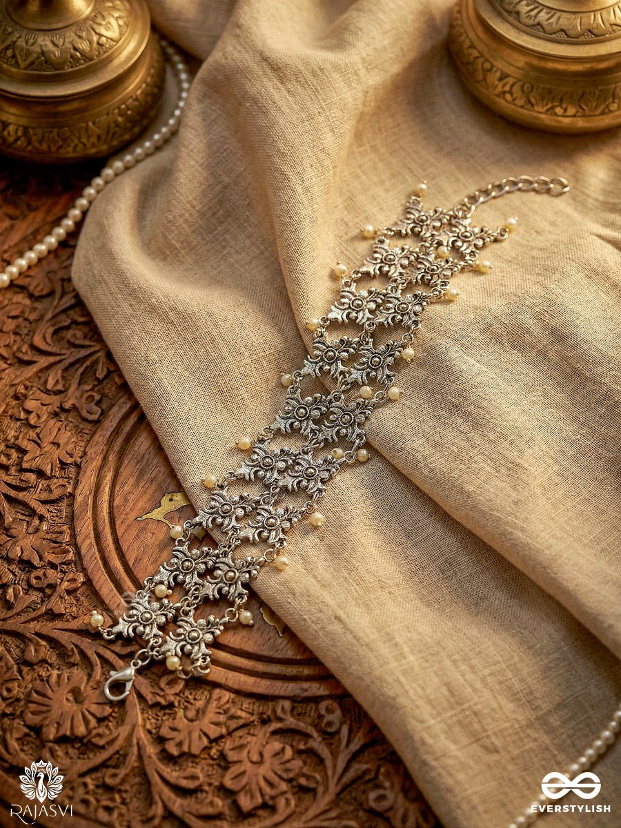 Guljaal - Oxidised Floral Lattice Bracelet With Pearl Tips