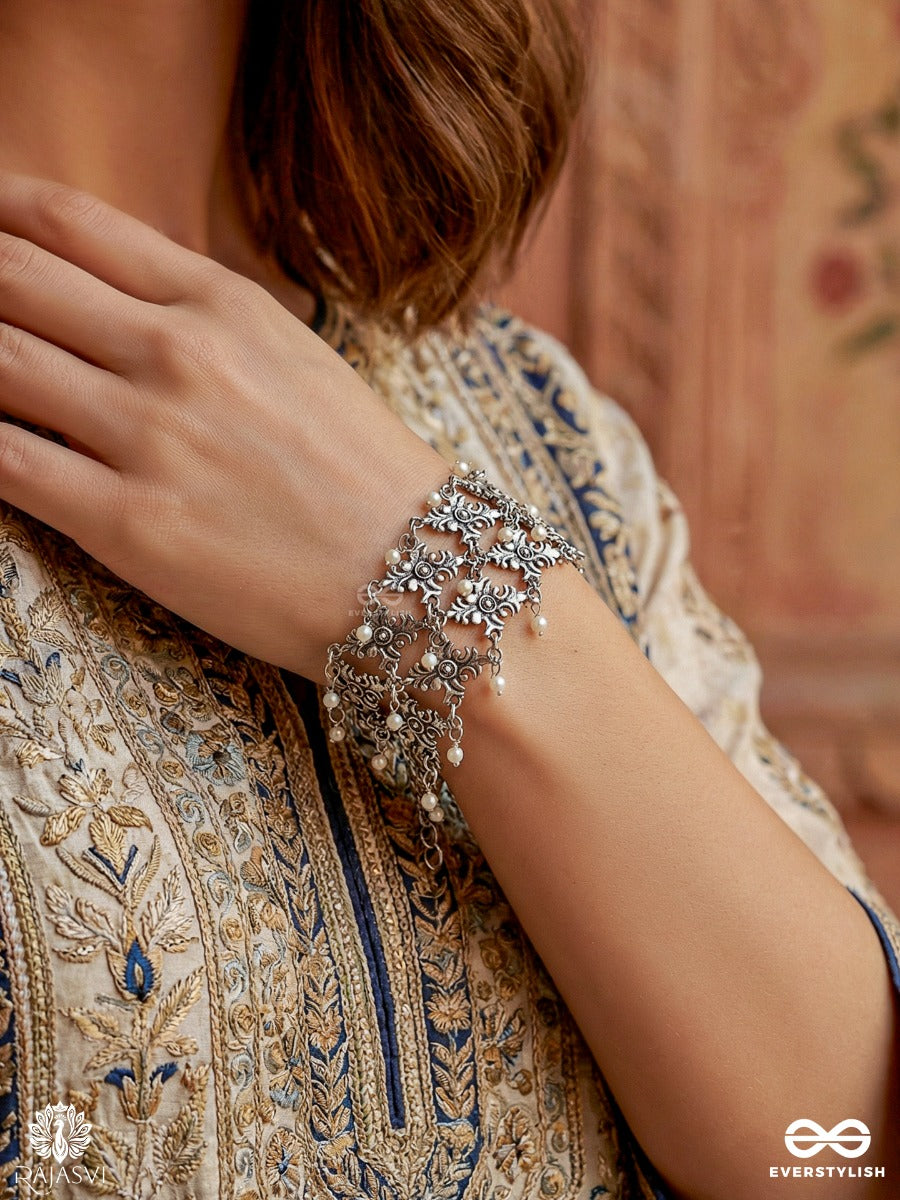 Guljaal - Oxidised Floral Lattice Bracelet With Pearl Tips