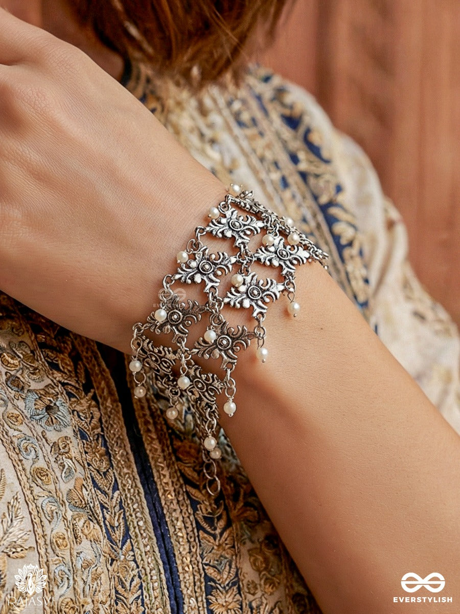 Guljaal - Oxidised Floral Lattice Bracelet With Pearl Tips