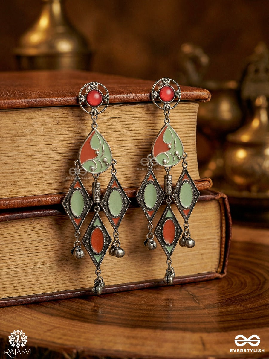 Boho Baali - Oxidised Statement Earrings With Ornate Panels And Bead Drops