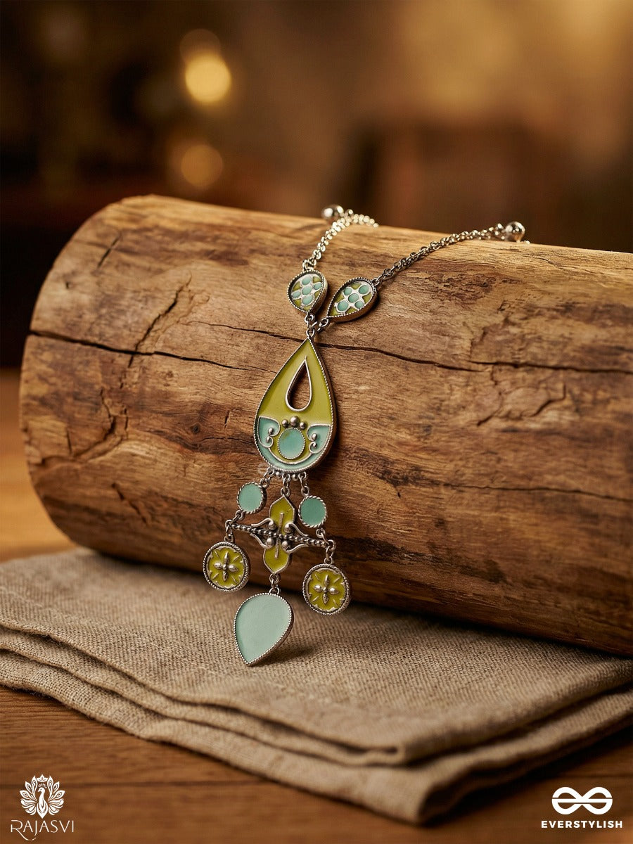 Amrit Lari - Enamelled Oxidised Necklace With Teardrop Centre And Dangling Charms
