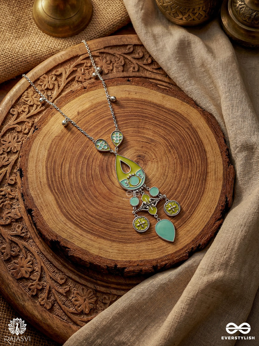 Amrit Lari - Enamelled Oxidised Necklace With Teardrop Centre And Dangling Charms