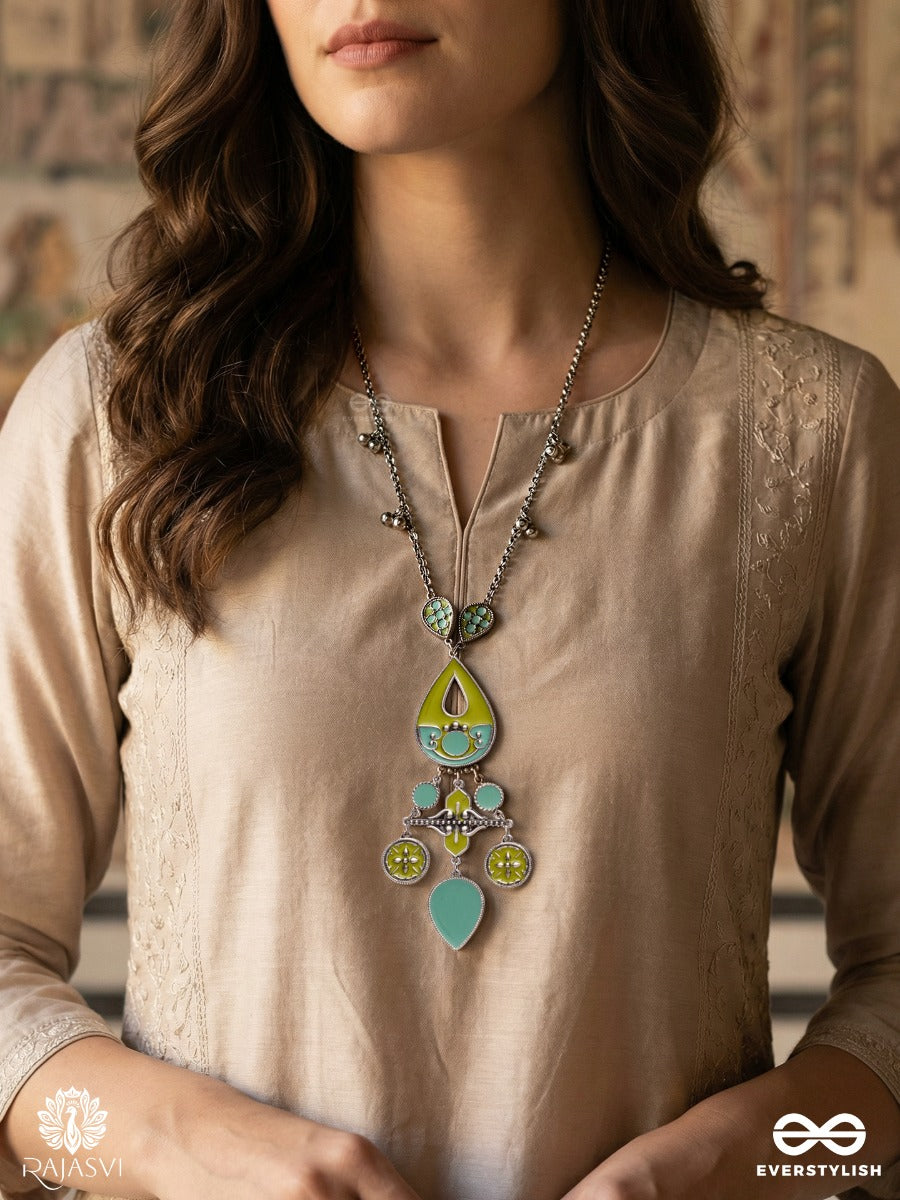 Amrit Lari - Enamelled Oxidised Necklace With Teardrop Centre And Dangling Charms