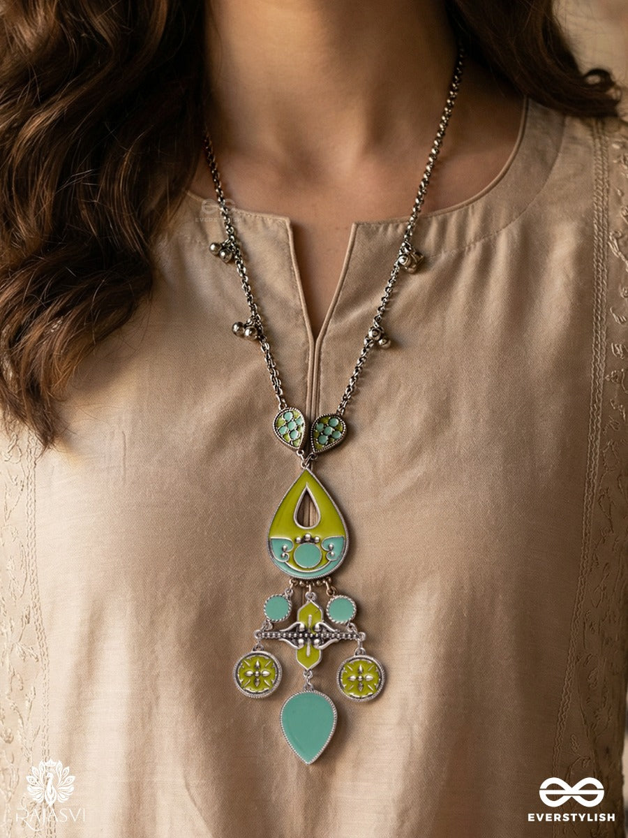 Amrit Lari - Enamelled Oxidised Necklace With Teardrop Centre And Dangling Charms