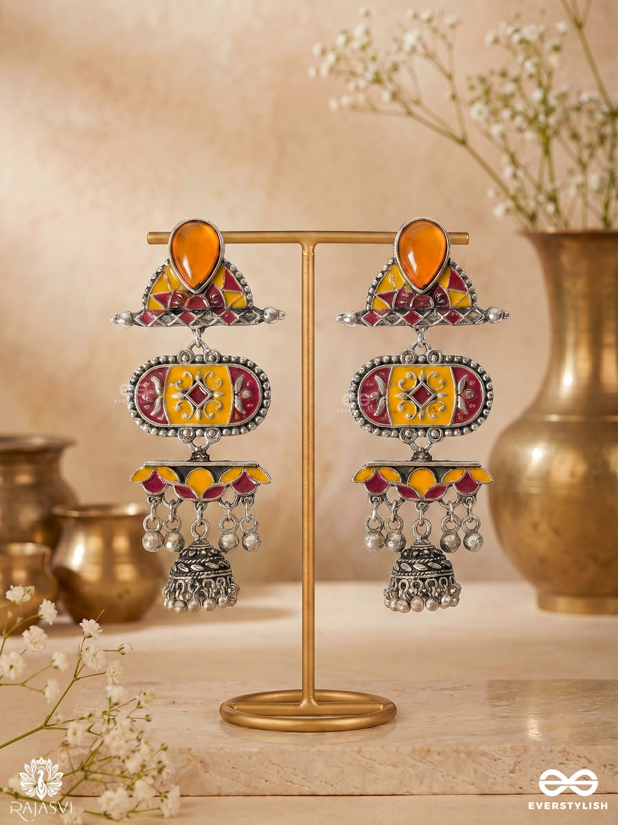 Ambar Baali - Oxidised Jodhpuri Jhumkas With Gem Stud And Ornate Panel Drop