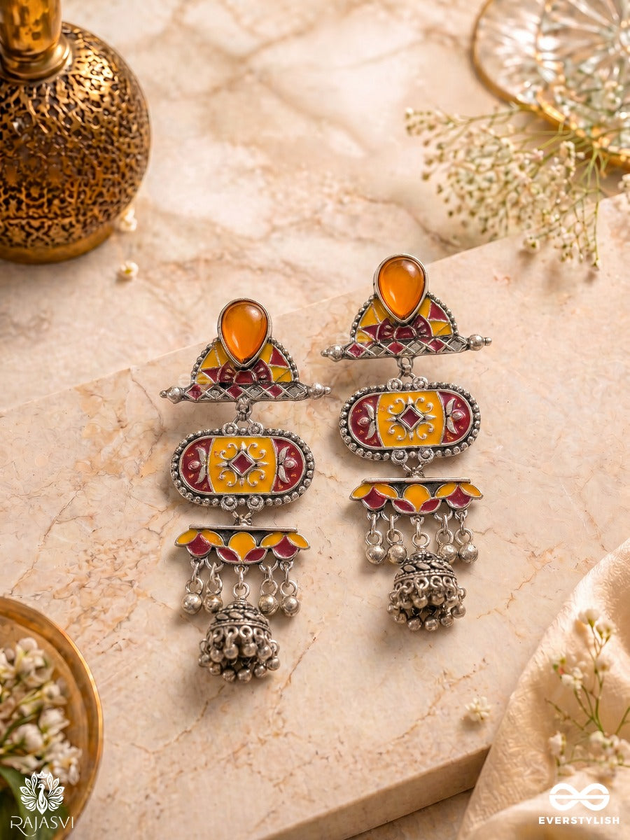 Ambar Baali - Oxidised Jodhpuri Jhumkas With Gem Stud And Ornate Panel Drop