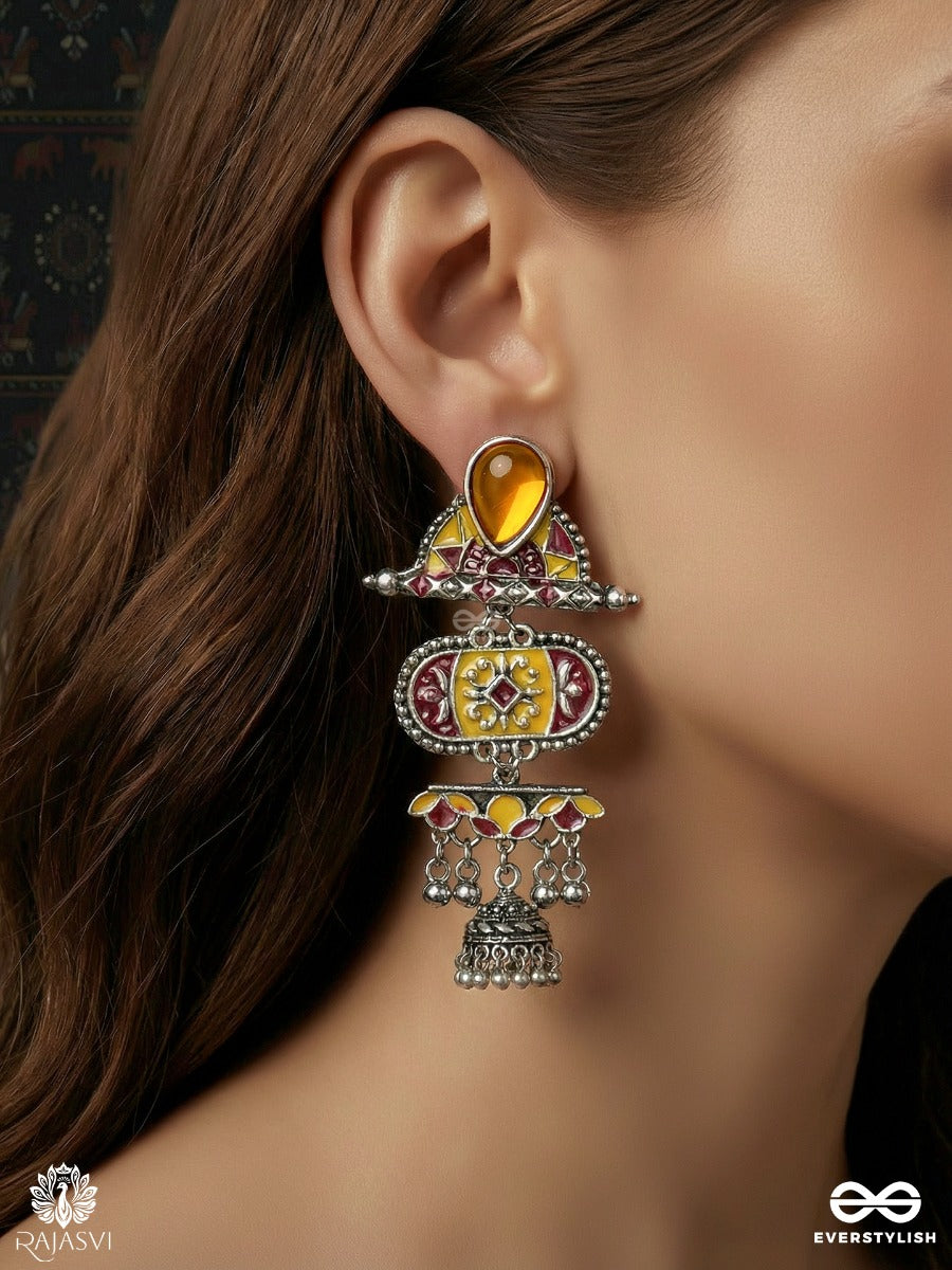 Ambar Baali - Oxidised Jodhpuri Jhumkas With Gem Stud And Ornate Panel Drop