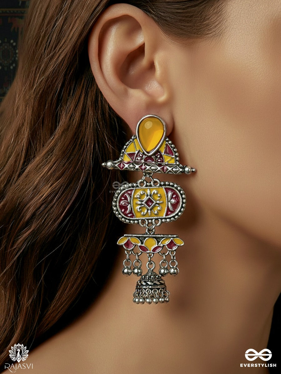 Ambar Baali - Oxidised Jodhpuri Jhumkas With Gem Stud And Ornate Panel Drop
