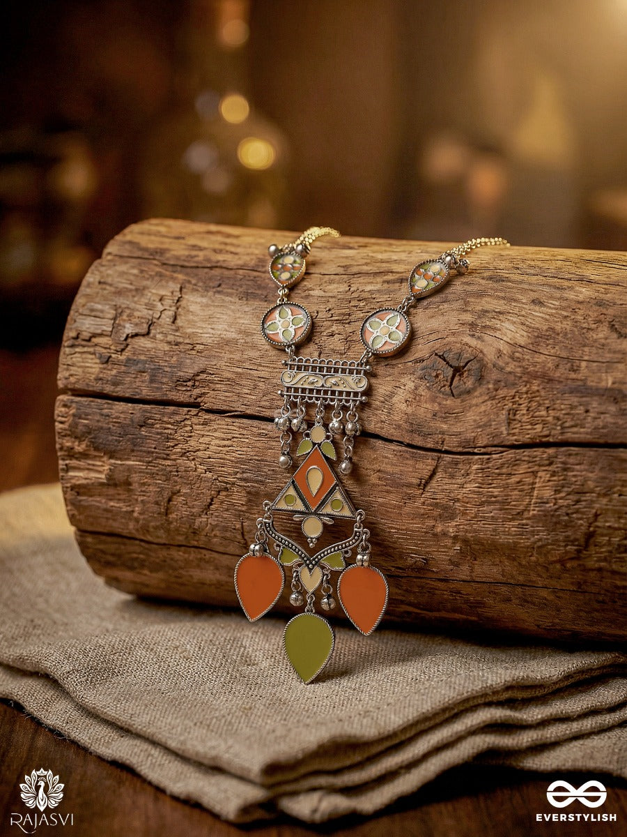 Raag Mandal - Oxidised Necklace With Color Stone Links And Ornate Drop Charms