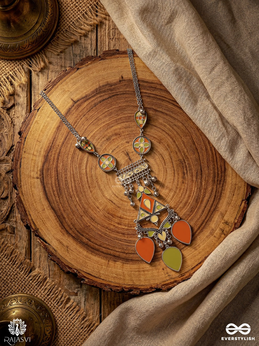 Raag Mandal - Oxidised Necklace With Color Stone Links And Ornate Drop Charms
