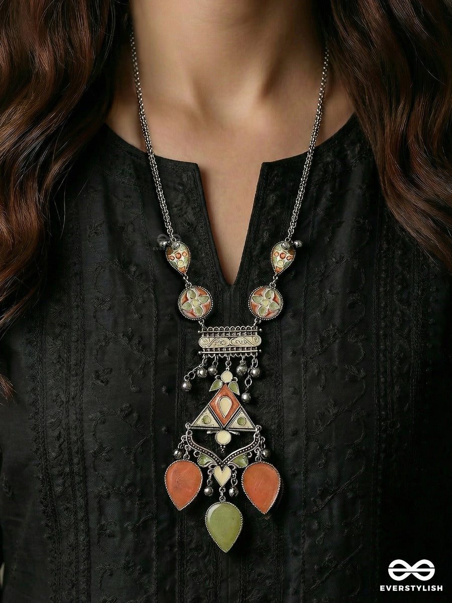 Raag Mandal - Oxidised Necklace With Color Stone Links And Ornate Drop Charms