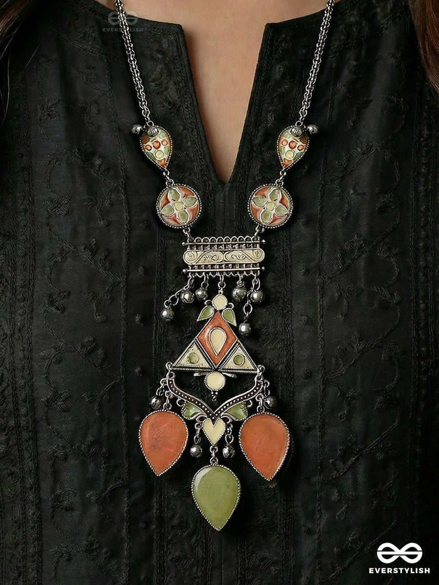 Raag Mandal - Oxidised Necklace With Color Stone Links And Ornate Drop Charms