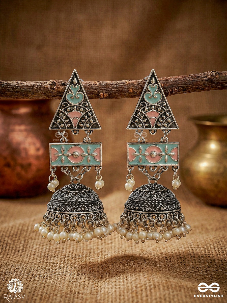 Trikona Jhumar - Oxidised Jodhpuri Jhumkas With Enamel Triangle Panel And Ornate Dome