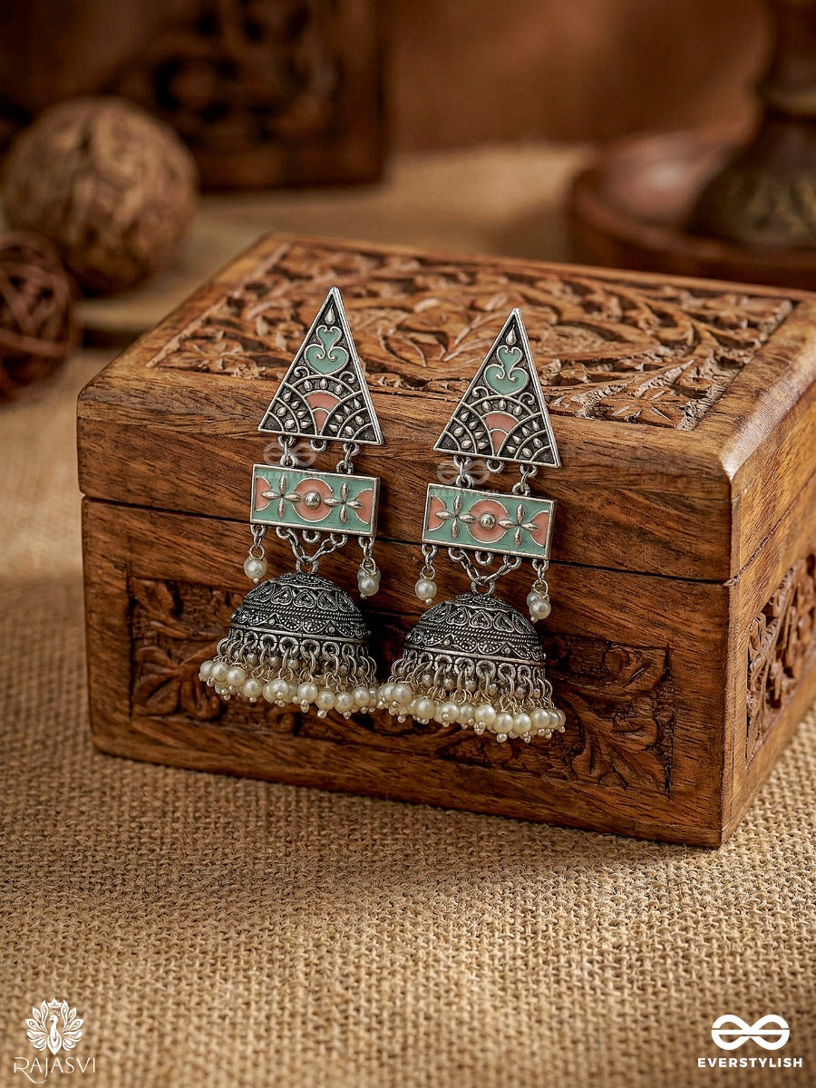 Trikona Jhumar - Oxidised Jodhpuri Jhumkas With Enamel Triangle Panel And Ornate Dome