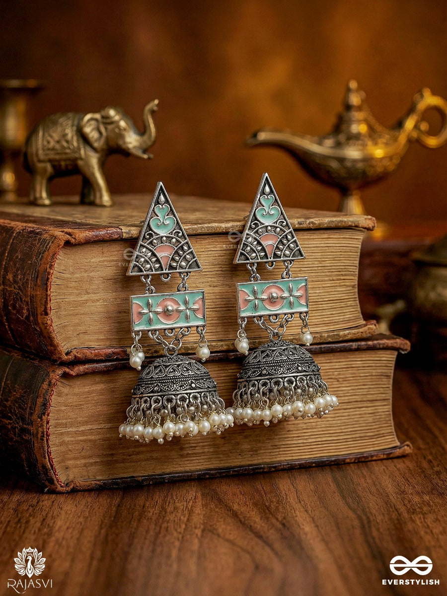 Trikona Jhumar - Oxidised Jodhpuri Jhumkas With Enamel Triangle Panel And Ornate Dome