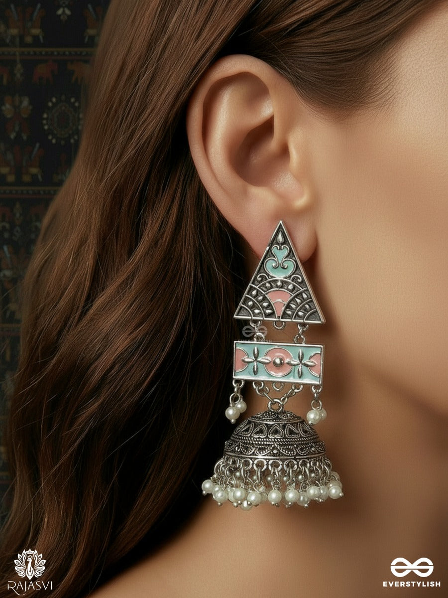 Trikona Jhumar - Oxidised Jodhpuri Jhumkas With Enamel Triangle Panel And Ornate Dome