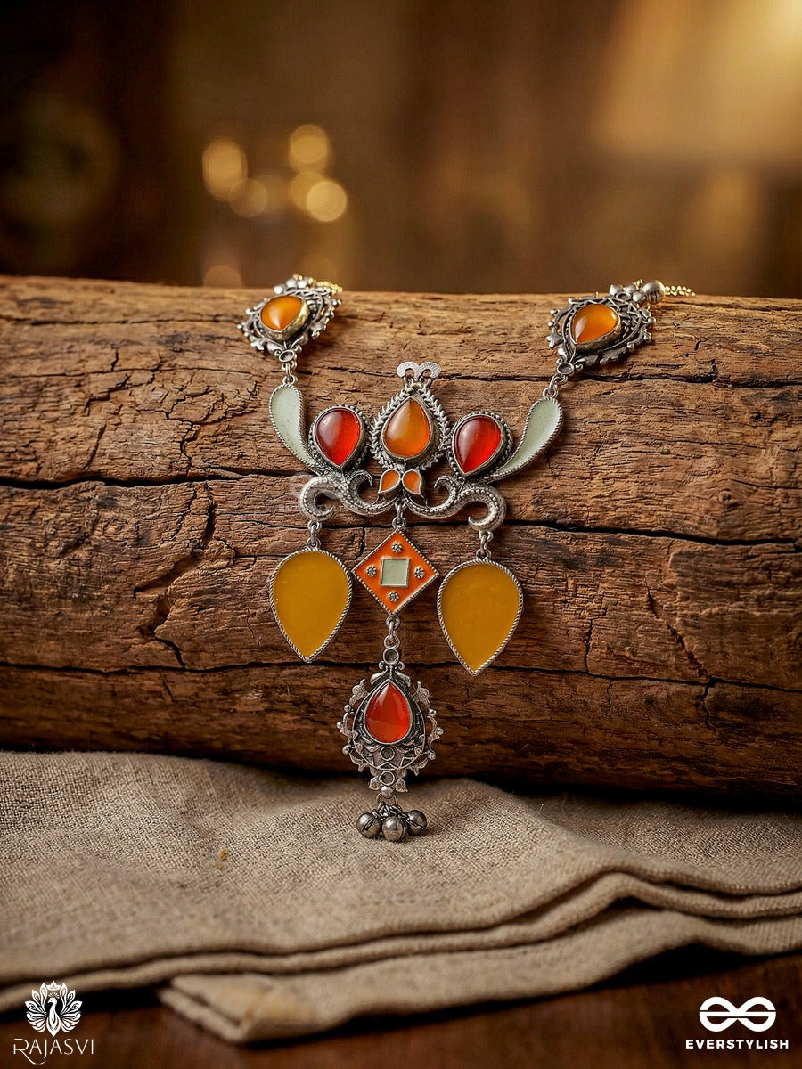 Sonchiraiya Ornament - Oxidised Necklace With Color Stones And Dangling Charms