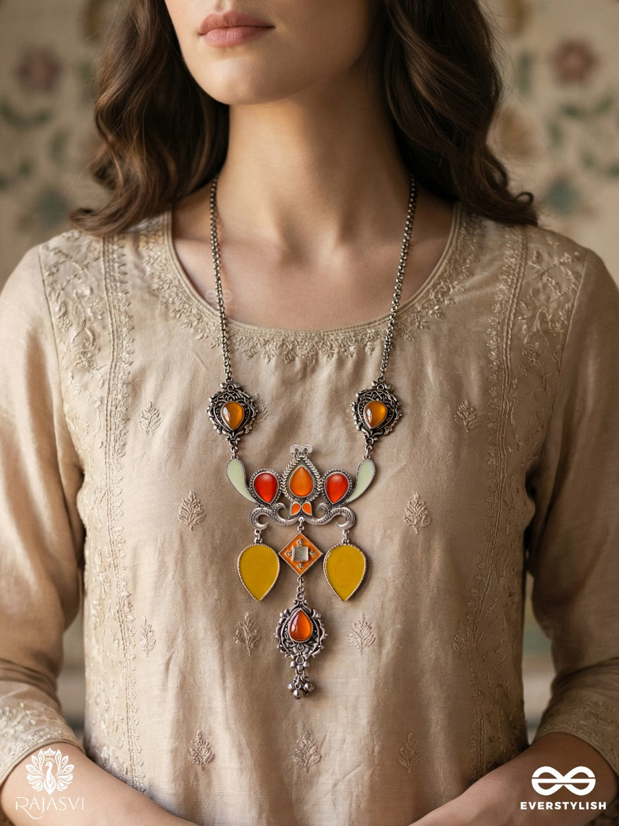 Sonchiraiya Ornament - Oxidised Necklace With Color Stones And Dangling Charms