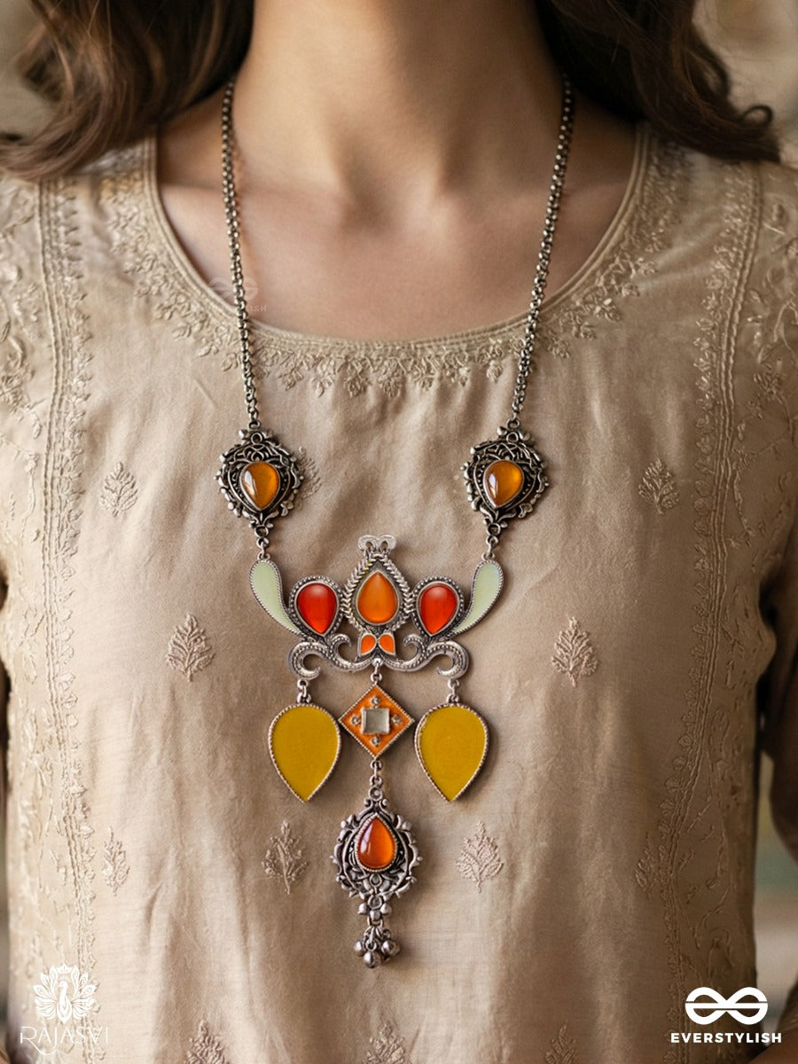 Sonchiraiya Ornament - Oxidised Necklace With Color Stones And Dangling Charms
