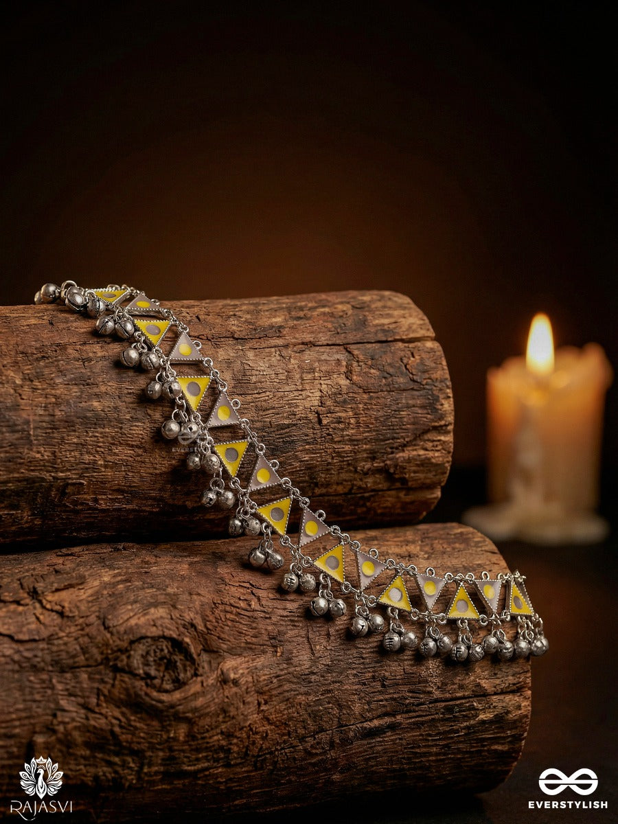 Kanak Nupur - Oxidised Anklet With Enamel Triangle Motifs And Bell Drops