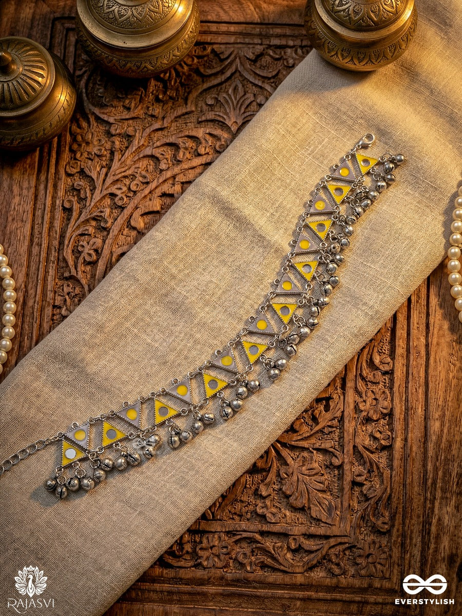 Kanak Nupur - Oxidised Anklet With Enamel Triangle Motifs And Bell Drops