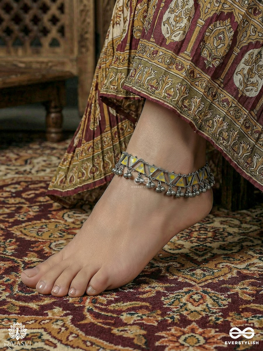 Kanak Nupur - Oxidised Anklet With Enamel Triangle Motifs And Bell Drops